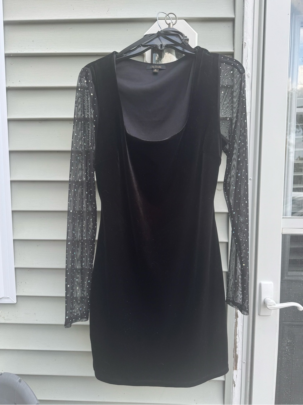 City Studio Black Velvet Dress with Sheer Sparkle Sleeves